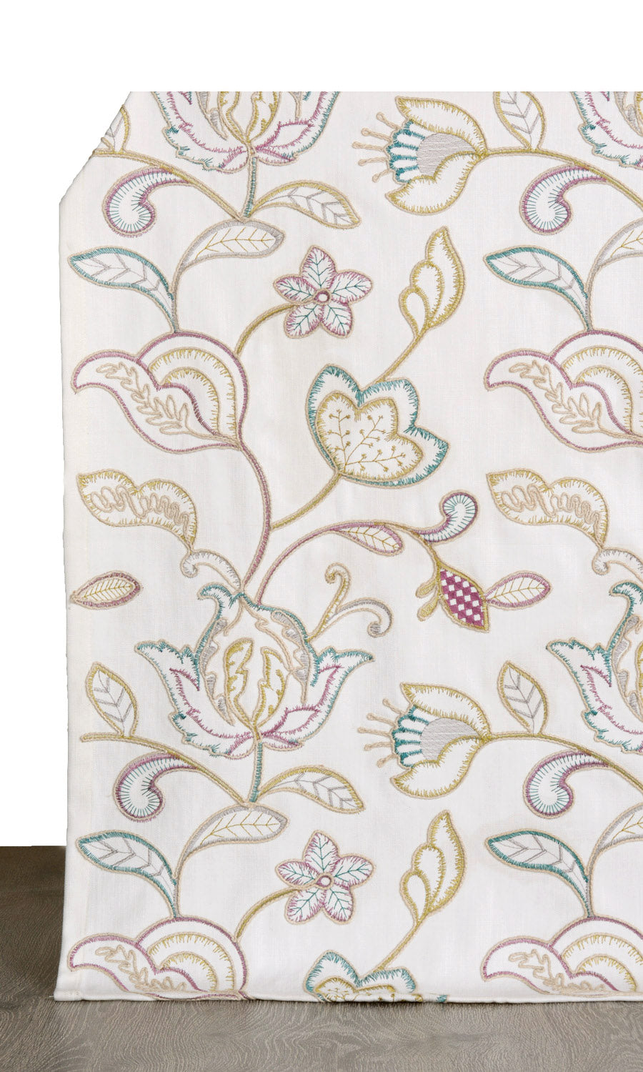 Vine Embroidered Window Treatments Fabric Sample (White/ Green/ Pink)