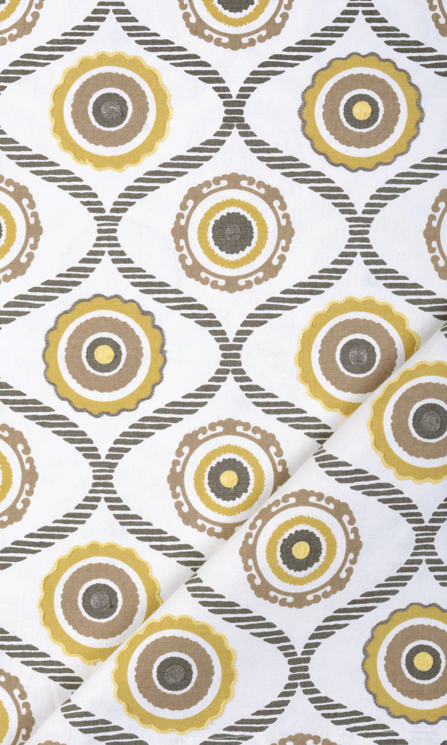 Printed Cotton Window Treatments Fabric Sample (Ocher Yellow/ Gray/ Brown)