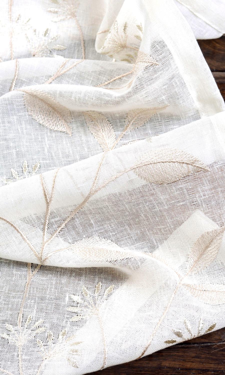 Sheer Floral Embroidered Fabric Material By the Metre (White/ Beige)