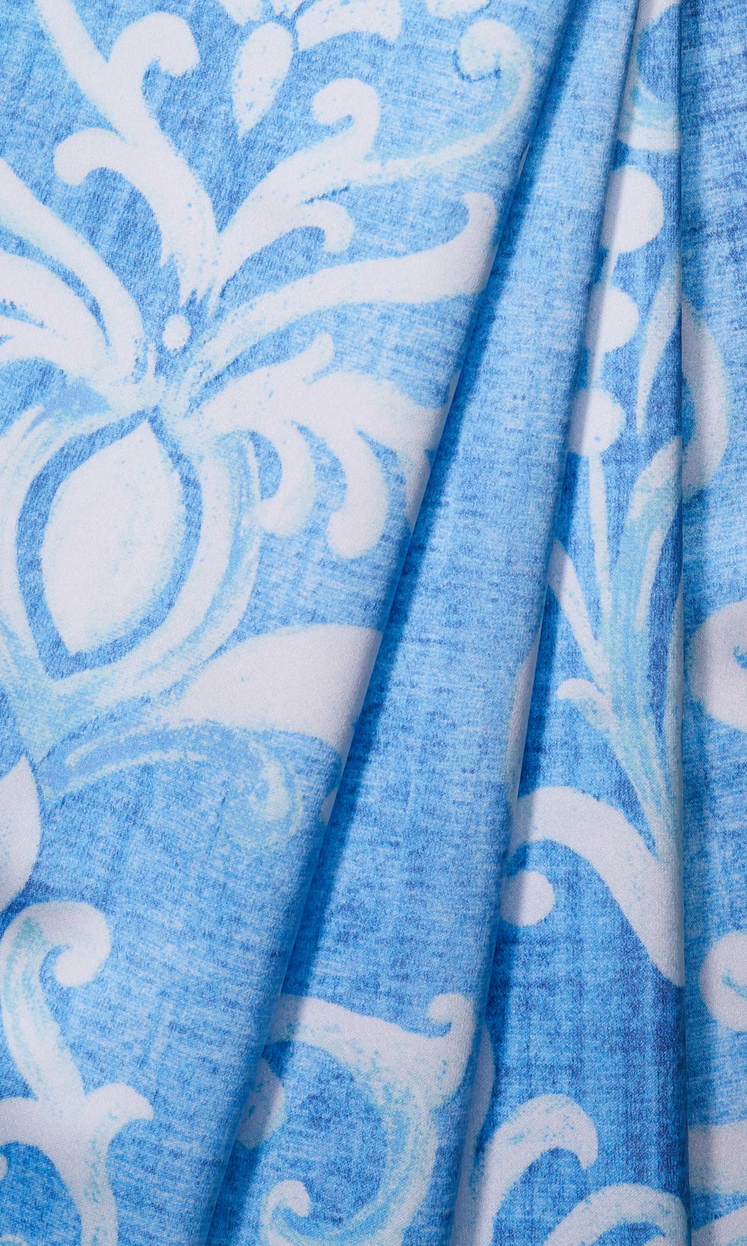 Damask Window Treatments Fabric Sample (Blue/ White)