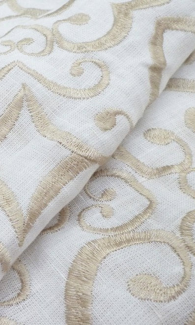 Floral Embroidered Linen Window Treatments Fabric By the Metre (White/ Ivory)