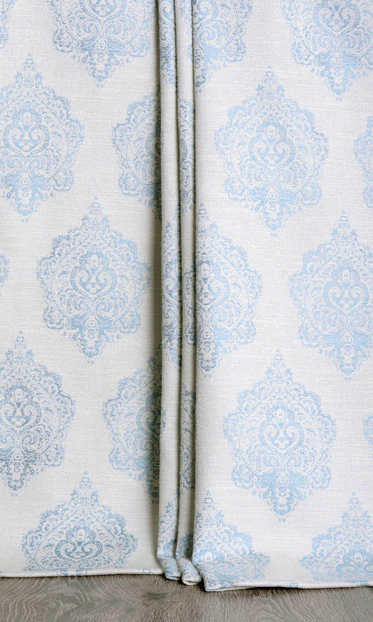 Damask Poly-Cotton Home Décor Fabric By the Metre (White/ Blue)