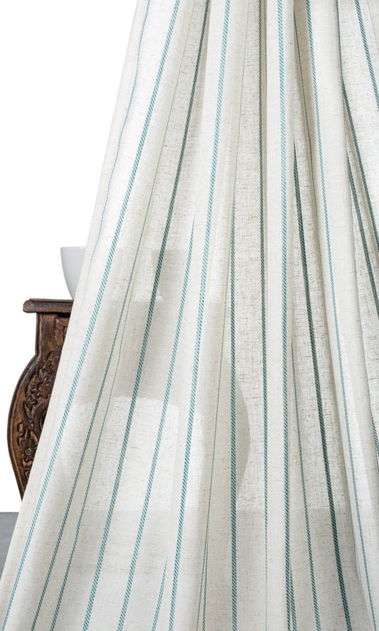 Striped Sheer Home Décor Fabric By the Metre (White/ Turquoise Blue)