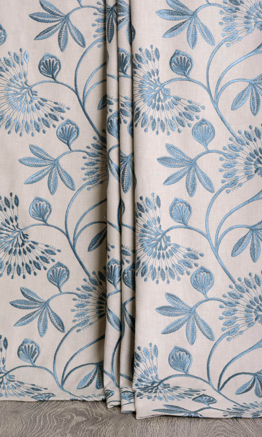 Vine Embroidered Window Treatments Fabric Sample (Pale Beige/ Ocean Blue)