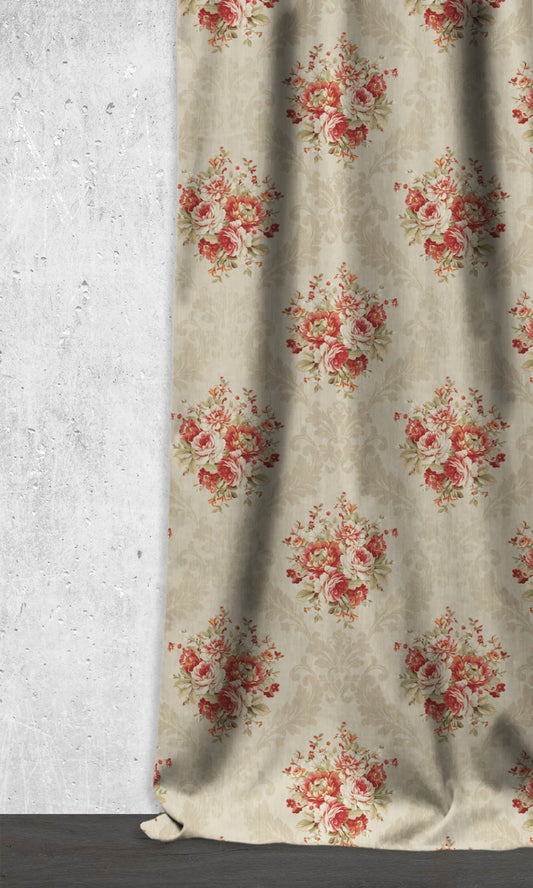 Dimout Floral Home Décor Fabric By the Metre (Red/ Creamy-Beige)