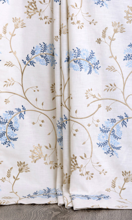 Floral Embroidery Home Décor Fabric Sample (Brown/ Blue/ White)