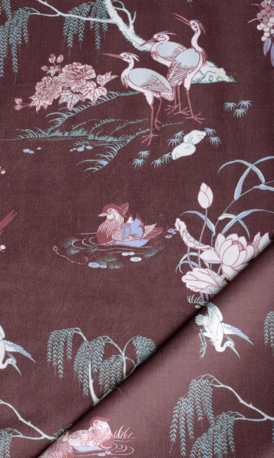 Chinoiserie Toile Velvet Flat, Plain, Fake, Faux, European Relaxed Roman Blinds (Burgundy Red)