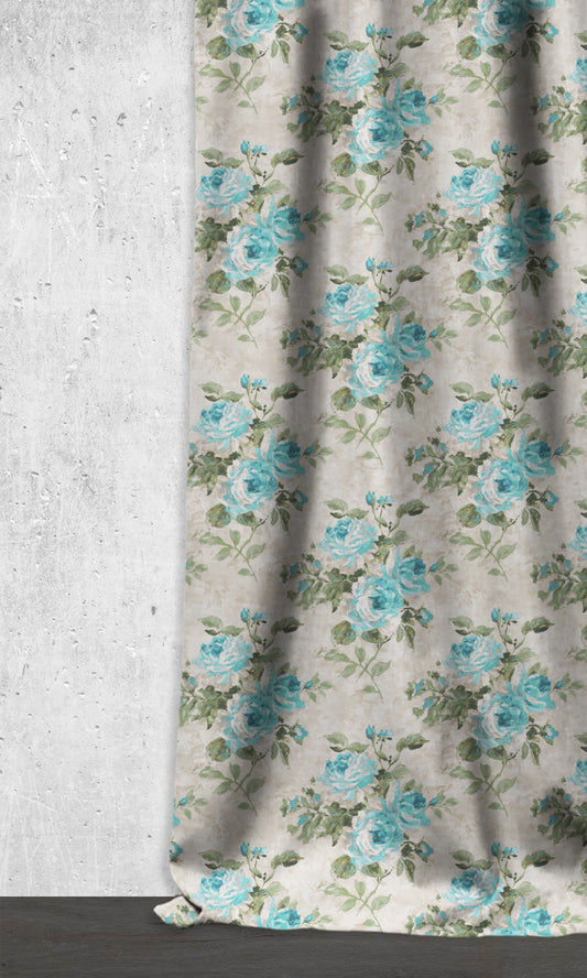 Floral Dimout Home Décor Fabric By the Metre (Blue/ White/ Green)