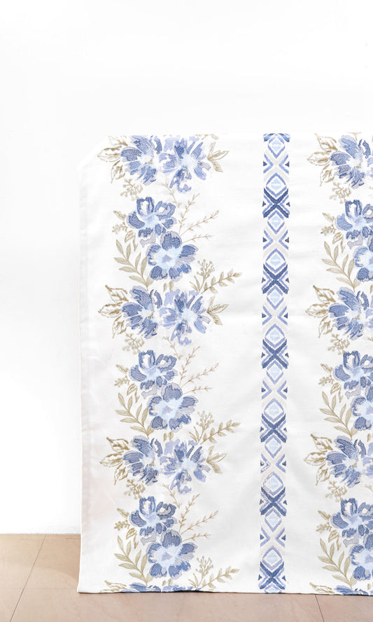 Floral Poly-Cotton Home Décor Fabric Sample (Blue/ Beige/ White)