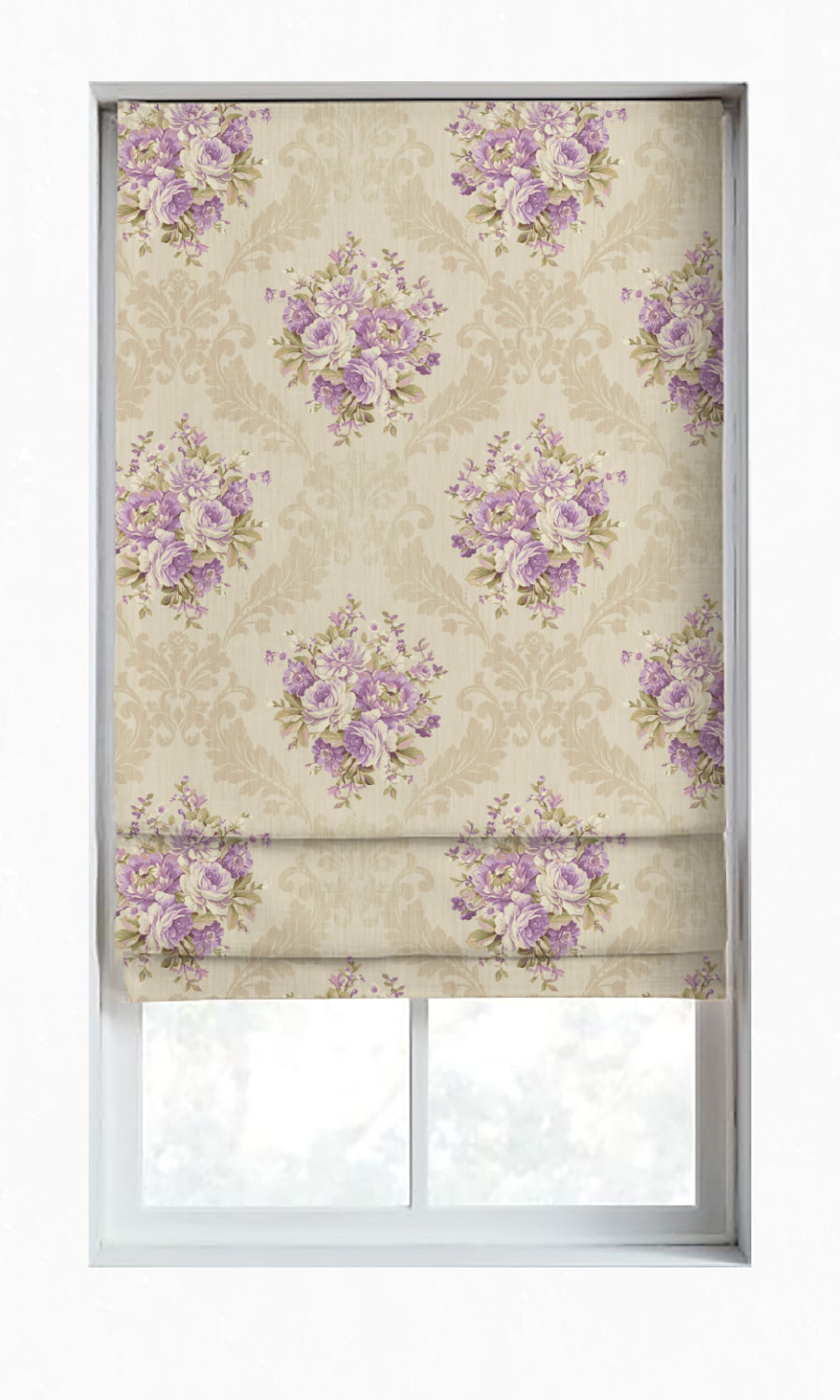 Dimout Floral Roman Blinds (Purple/ Ivory/ Grey) for Living, Bedroom, Kitchen, Bathroom