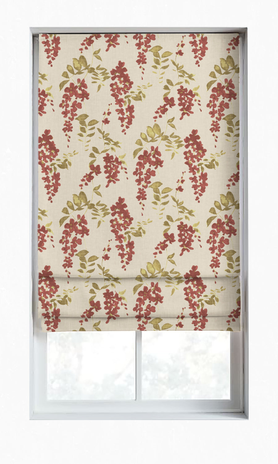 Dimout Floral Window Treatments Fabric Sample (Red/ Green/ Pale Grey)