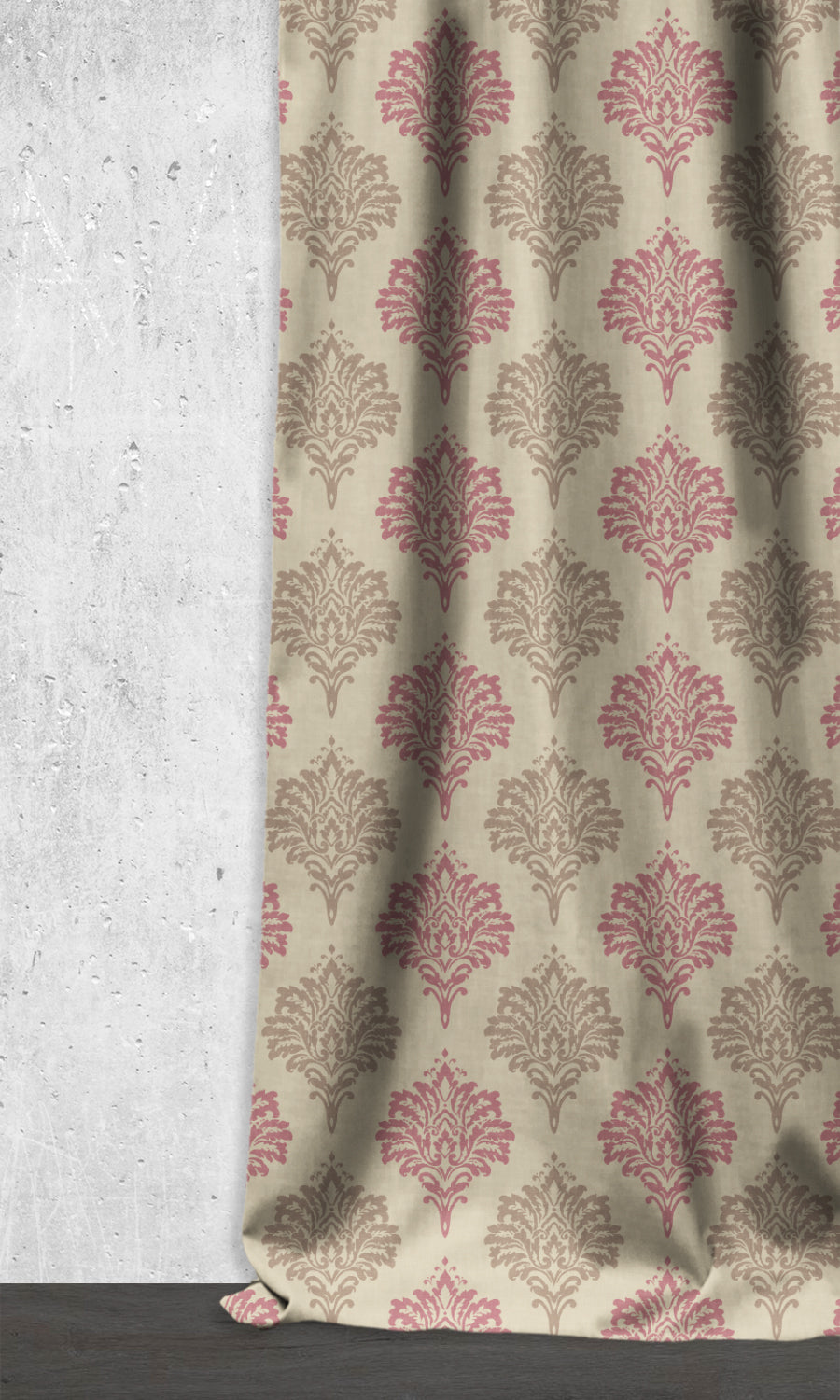 Dimout Damask Home Décor Fabric By the Metre (Pink/ Grey/ White)