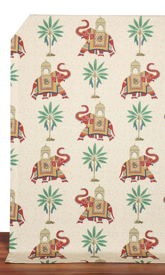 Elephant Print Cotton Home Décor Fabric Sample (Ivory/ Red/ Green)